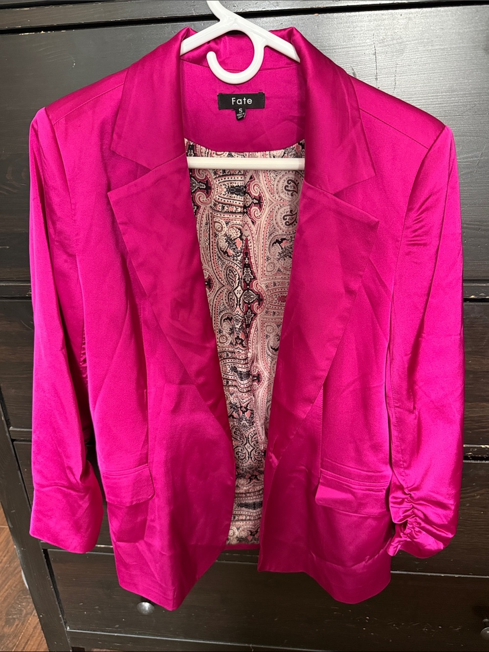 Fate Satin Fuchsia One Button Blazer Ruched Sleeve Pink Size Small
